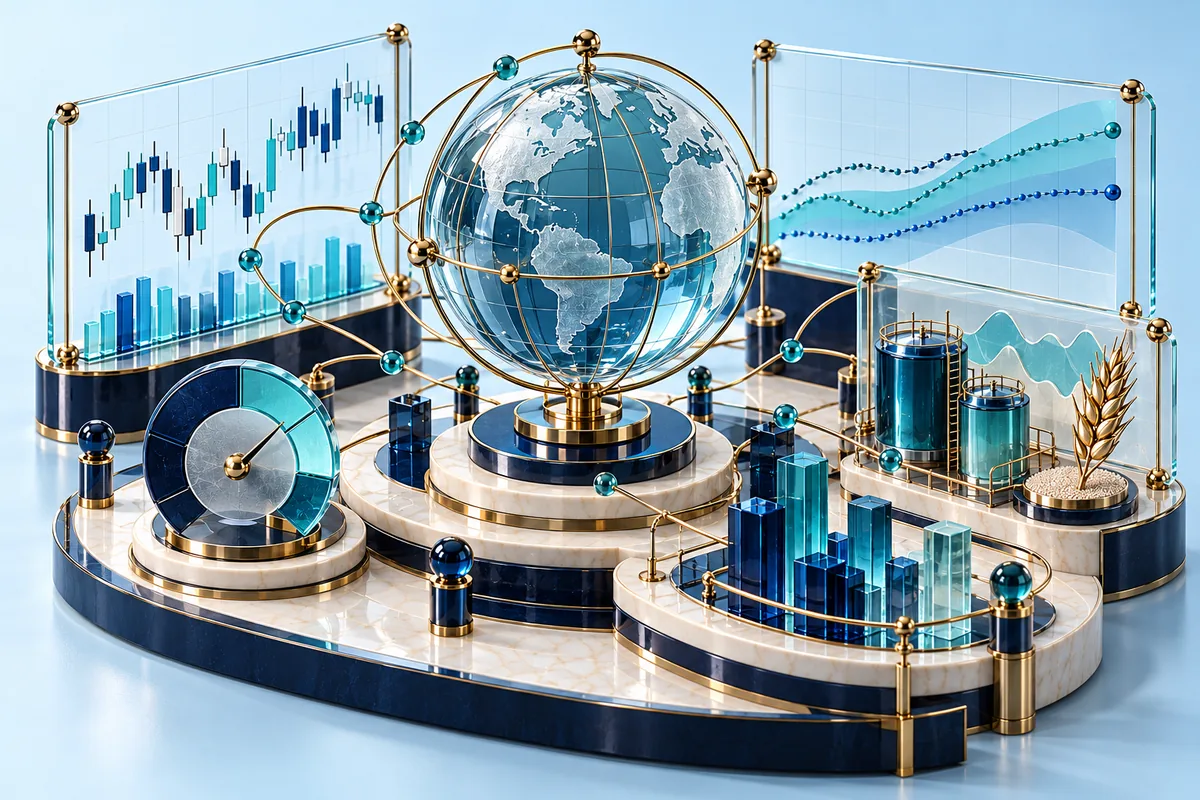 Globo de cristal conectado a gráficos bursátiles, modelos de materias primas y un indicador del sentimiento del mercado